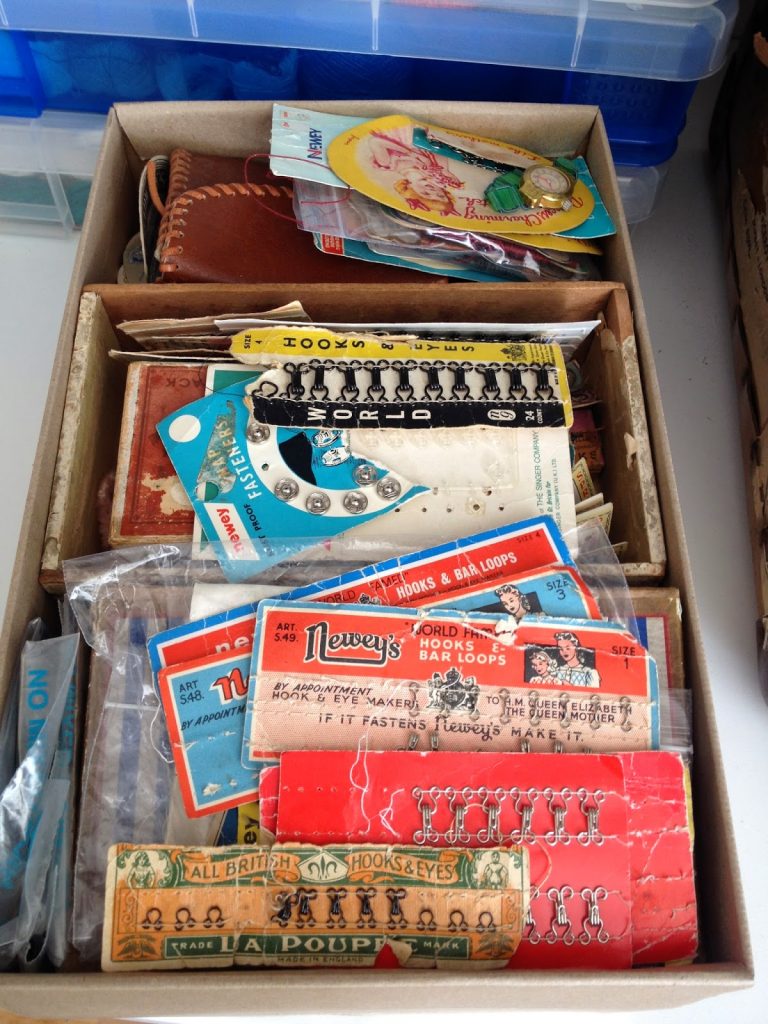 inspiration boxes full of sewing ephemera and vintage packaging