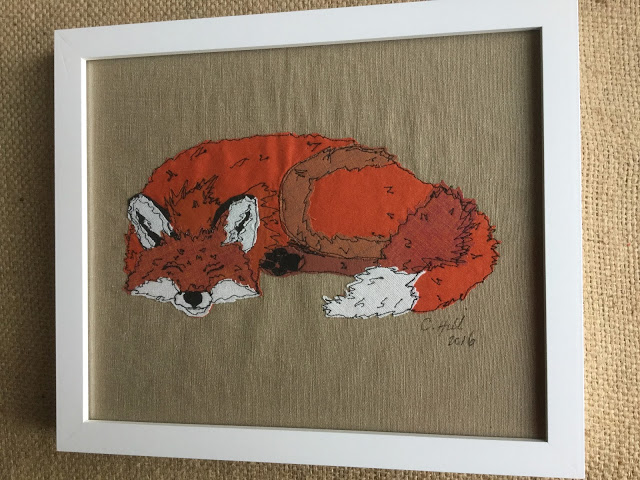 Embroidery Stitched and Applique Fox - Framed and hanging on the wall