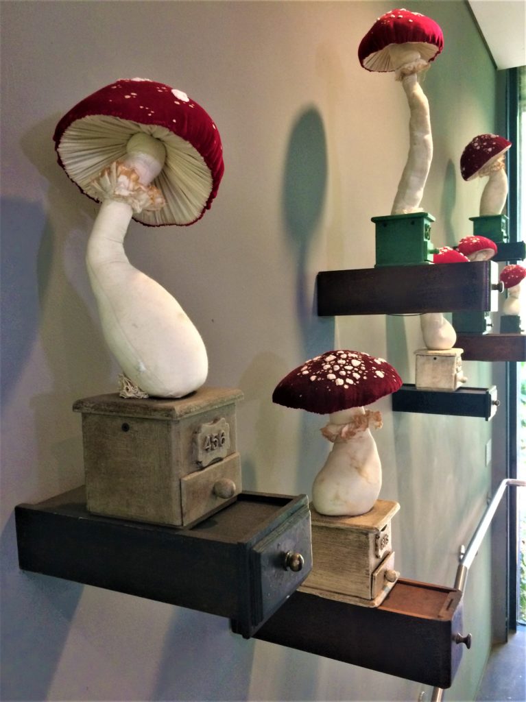 Mr Finch - Hand stitched Toadstools, rest on beautifully finished wooden plinths which float above your head as you walk up the stairs.