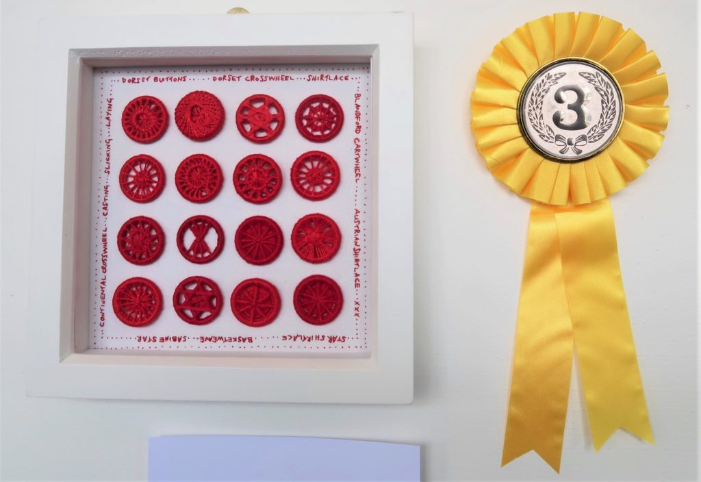 One of three prizes at the show - Third prize in the Traditional Embroidery for 'Dorset Button Study No. 2'.