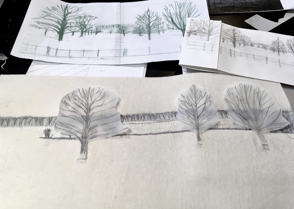 Work in progress - paper design ideas of trees by Sue Nicholls