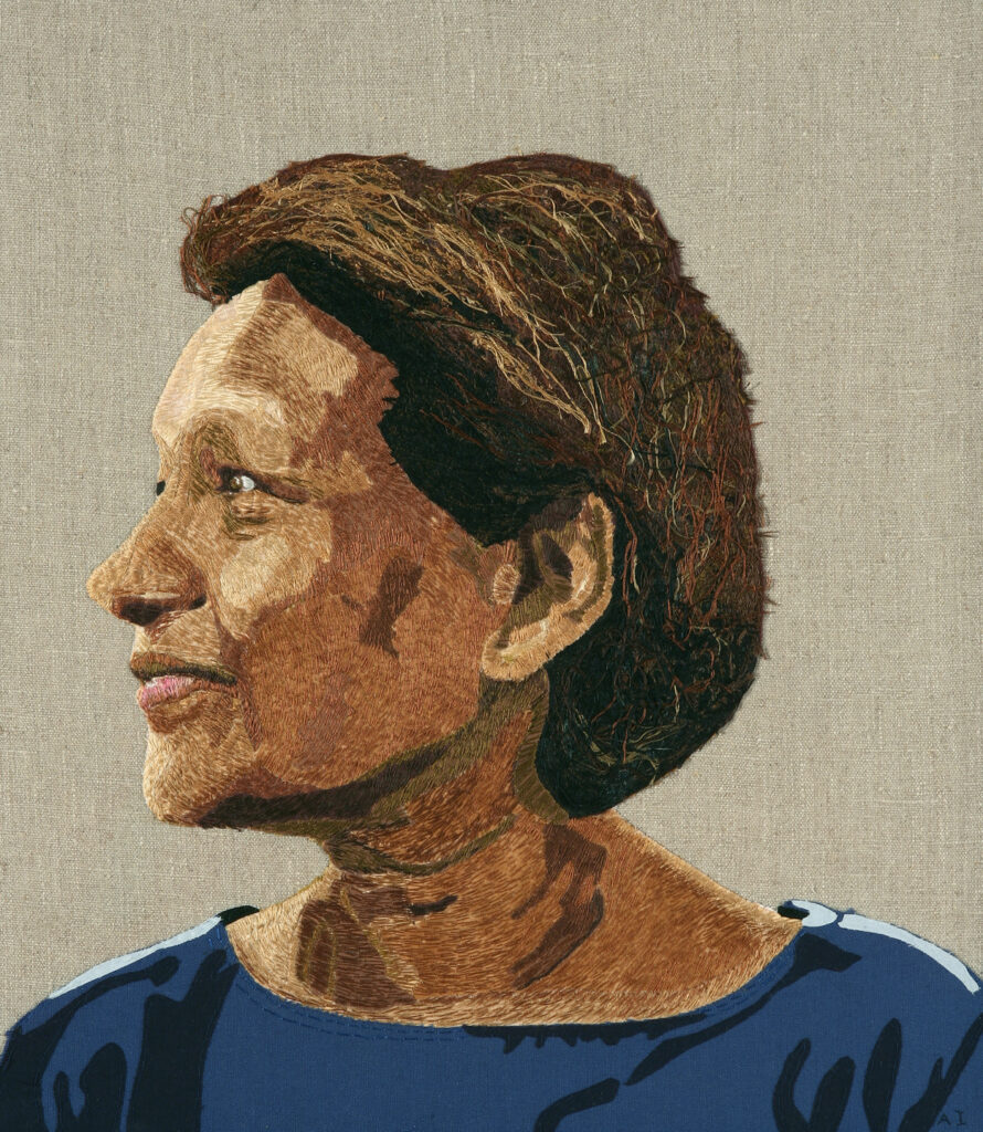 Self portrait in stitch of the artist Aran Illingworth