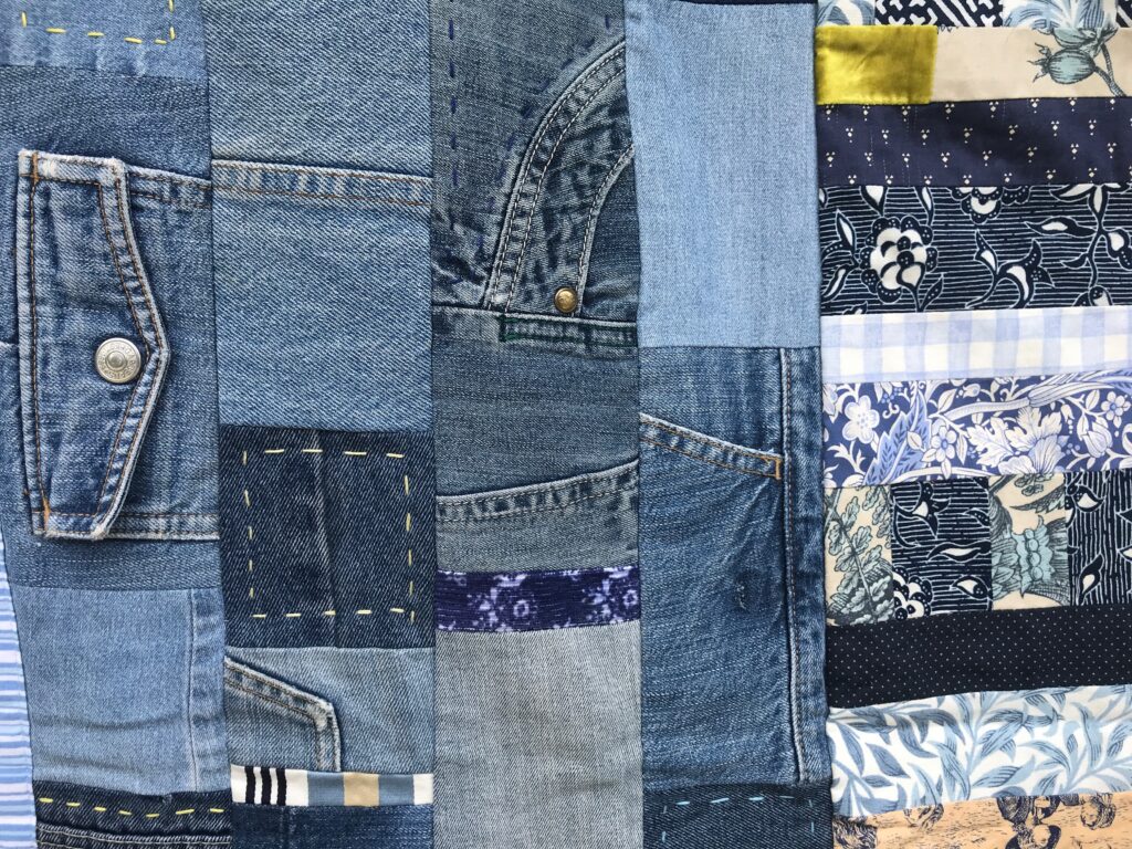 Inspired by Gees Bend - patchwork quilt made from old denim jeans and mixed salvaged cloth