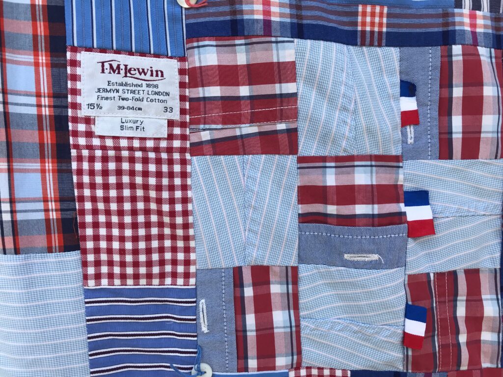 Patchwork made from old cotton shirts - pockets, plackets, labels and cuffs are made into patchwork