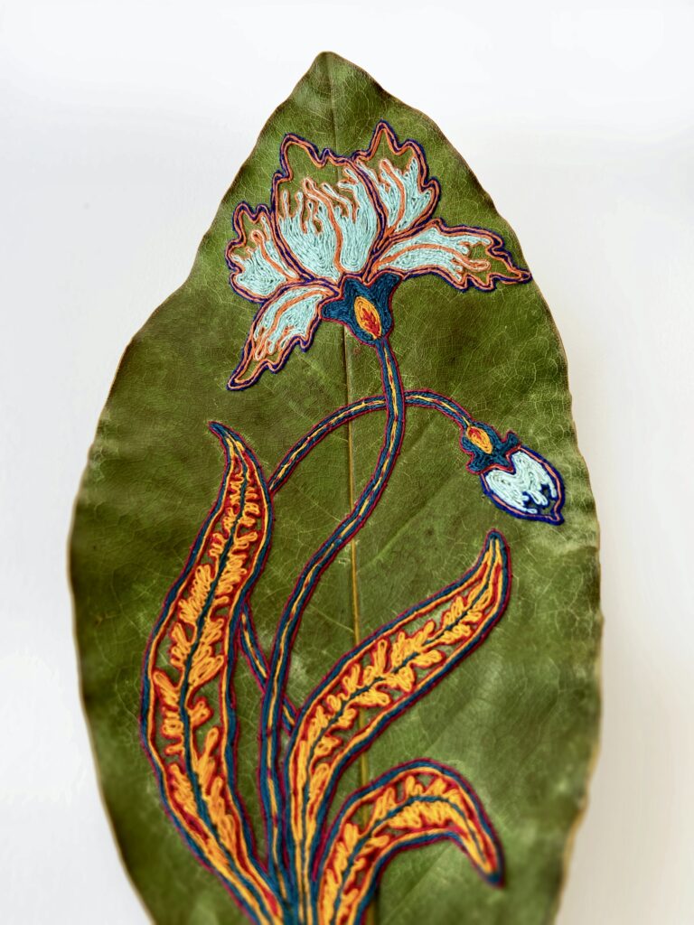 'Blue Iris' - hand embroidered leaves by Hillary Waters Fayle