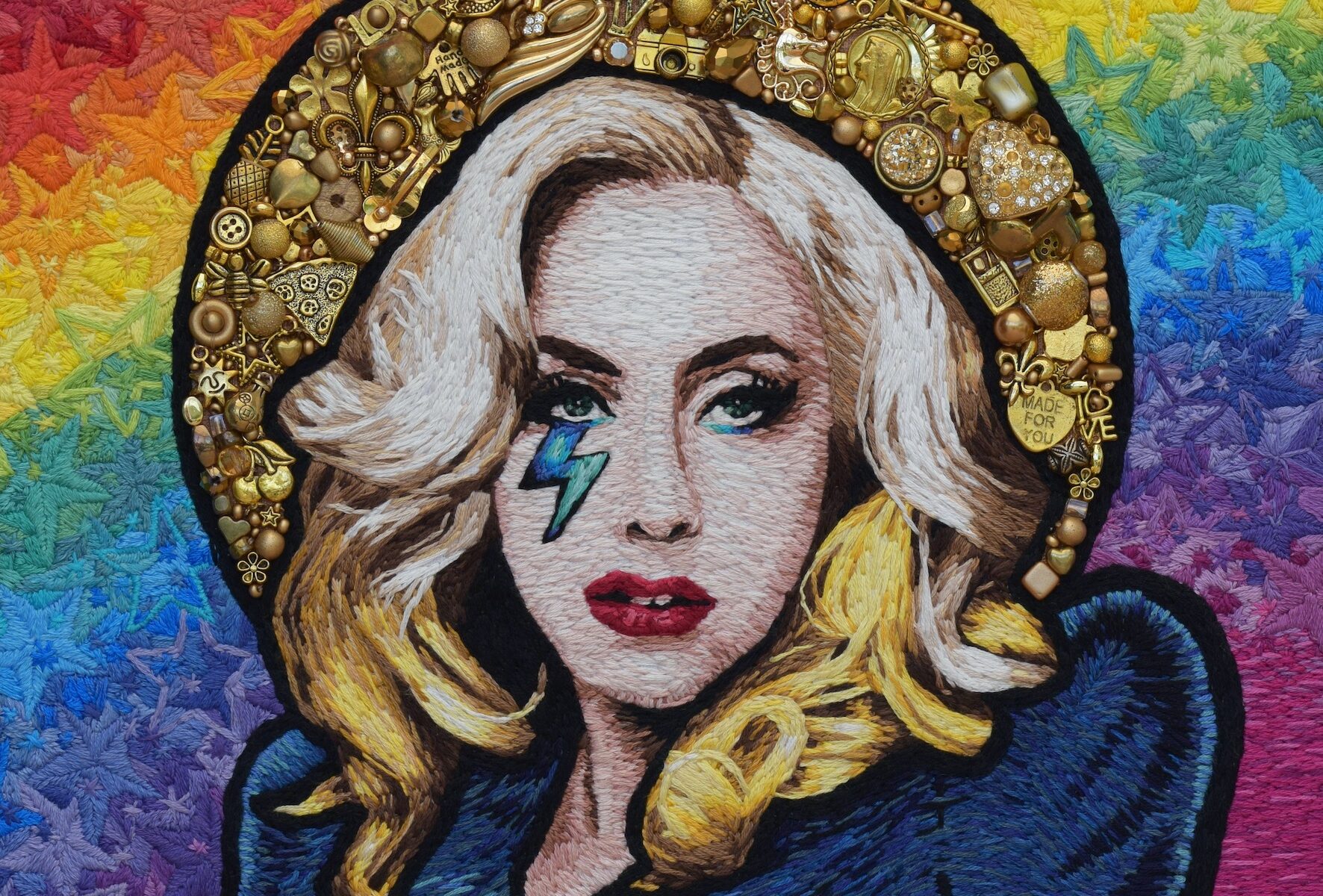 Hand beaded and Hand embroidered image of Lady Gaga