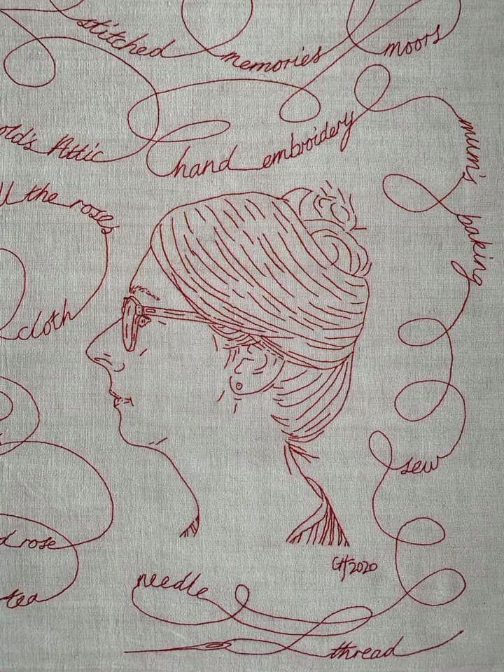 Self Portrait Exhibition. Hand embroidered red thread in couching stitch.