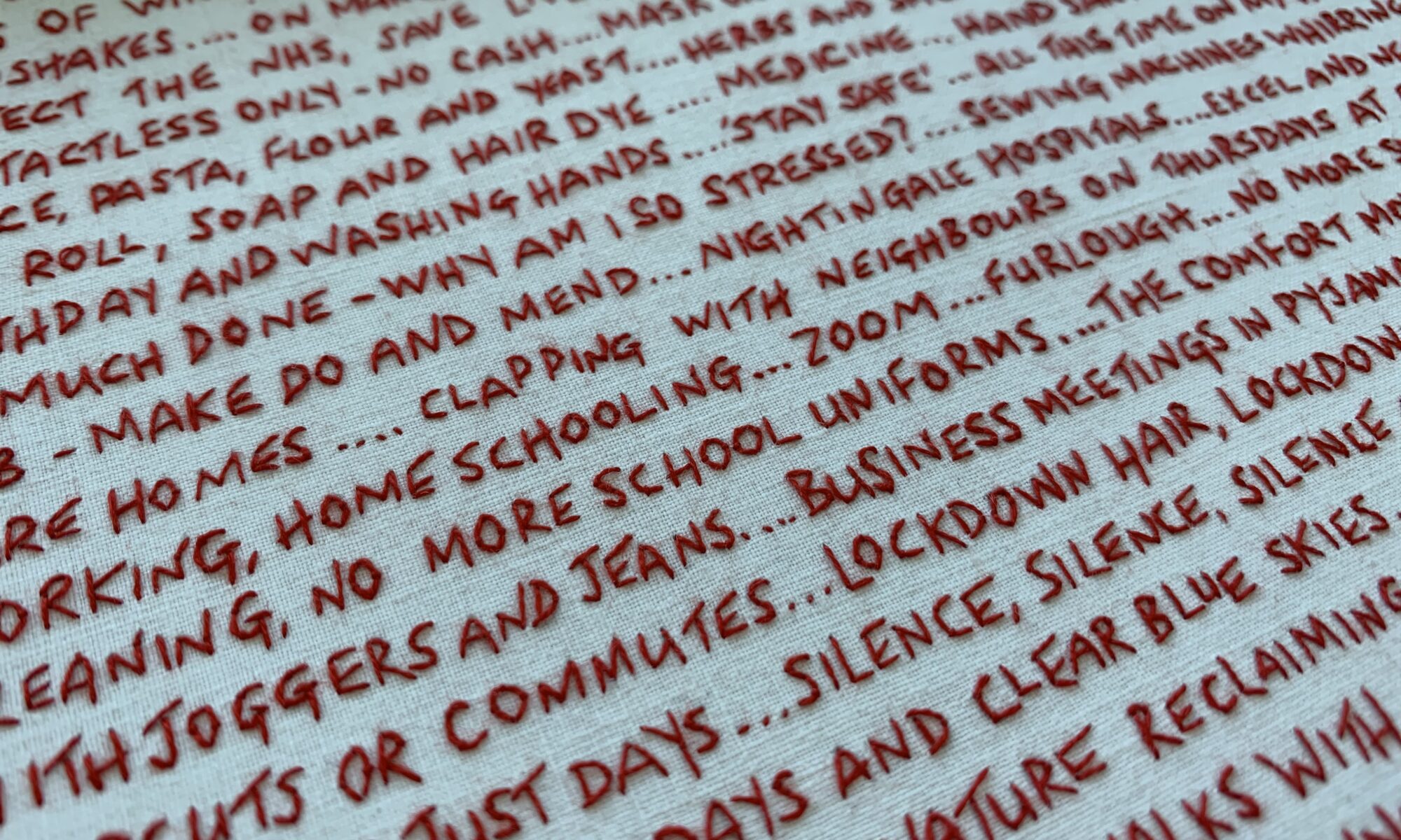 Detail from "Covid 19. Part 1" - A Red hand embroidery documenting our shared experiences from 2020