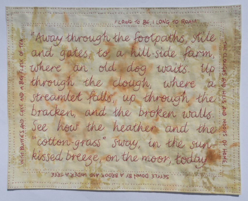 Moors of Home - red hand embroidered words of a lancashire poem onto cotton cloth