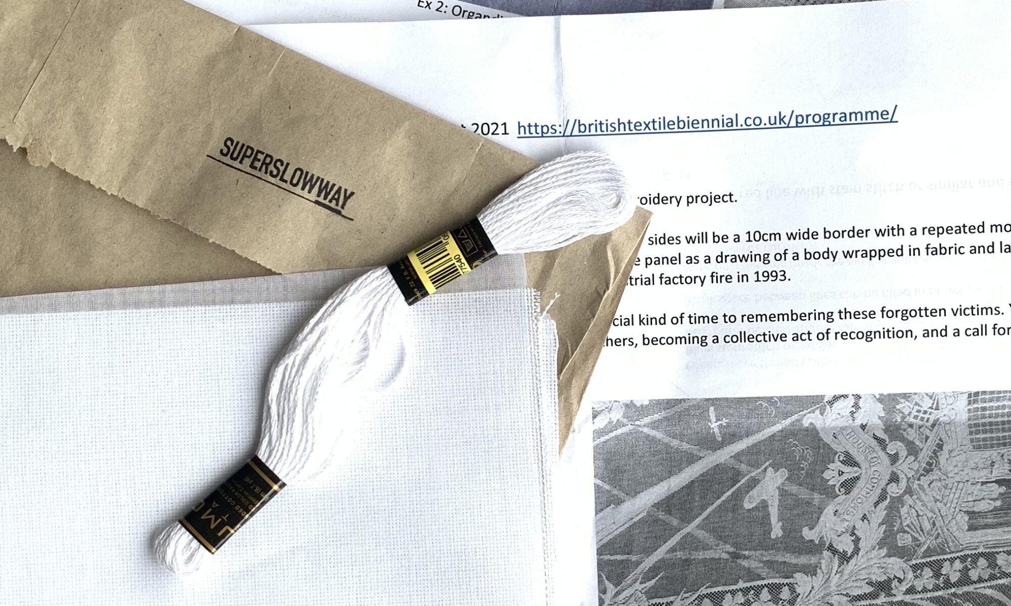 Collateral Project instructions, white fabric and thread