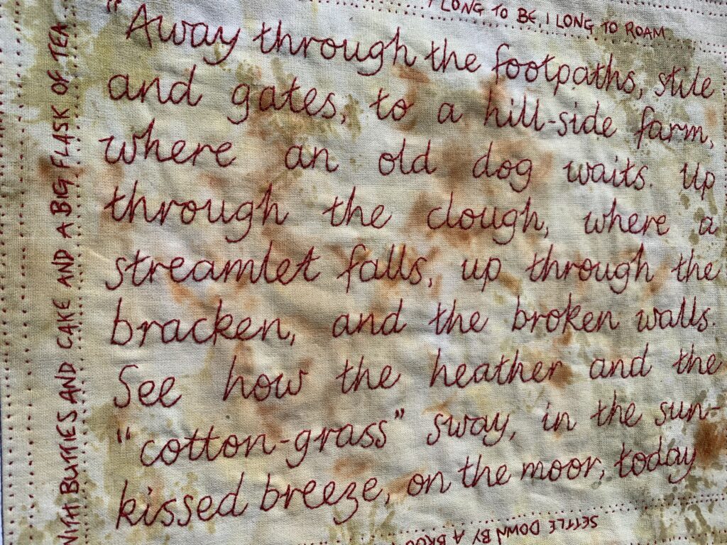 Moors of Home - red hand embroidered words of a lancashire poem onto cotton cloth
