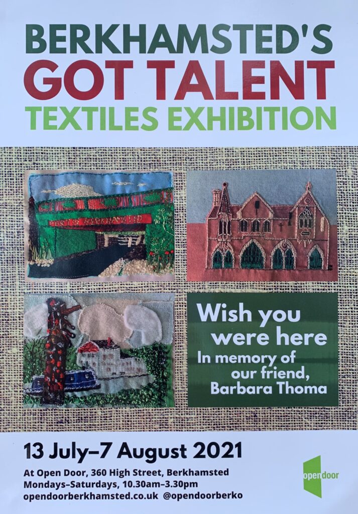 Open Door Textiles Exhibition - exhibition poster featuring hand embroidered images of berkhamsted's buildings