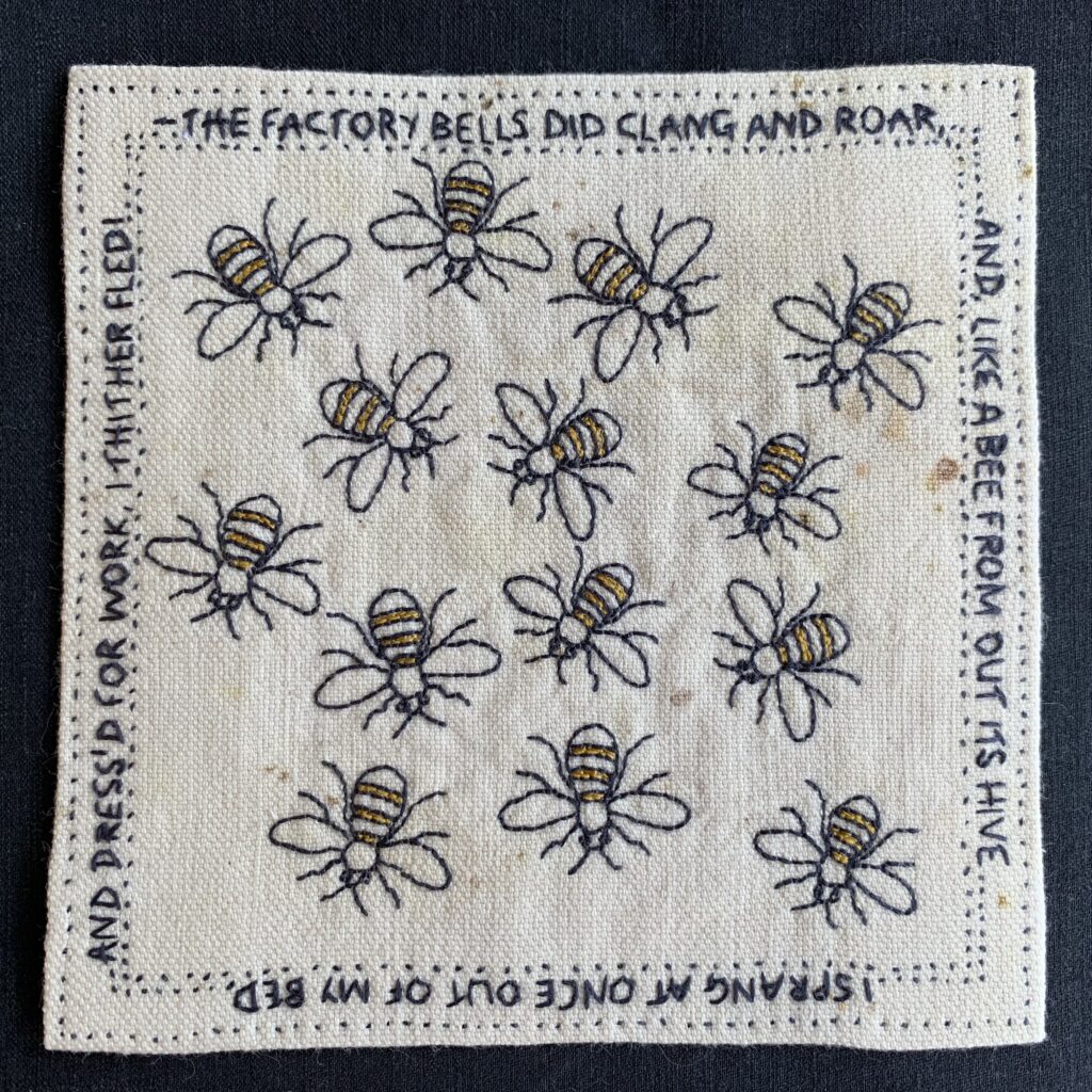 Worker Bees -hand embroidered in vintage threads in yellow and slate grey