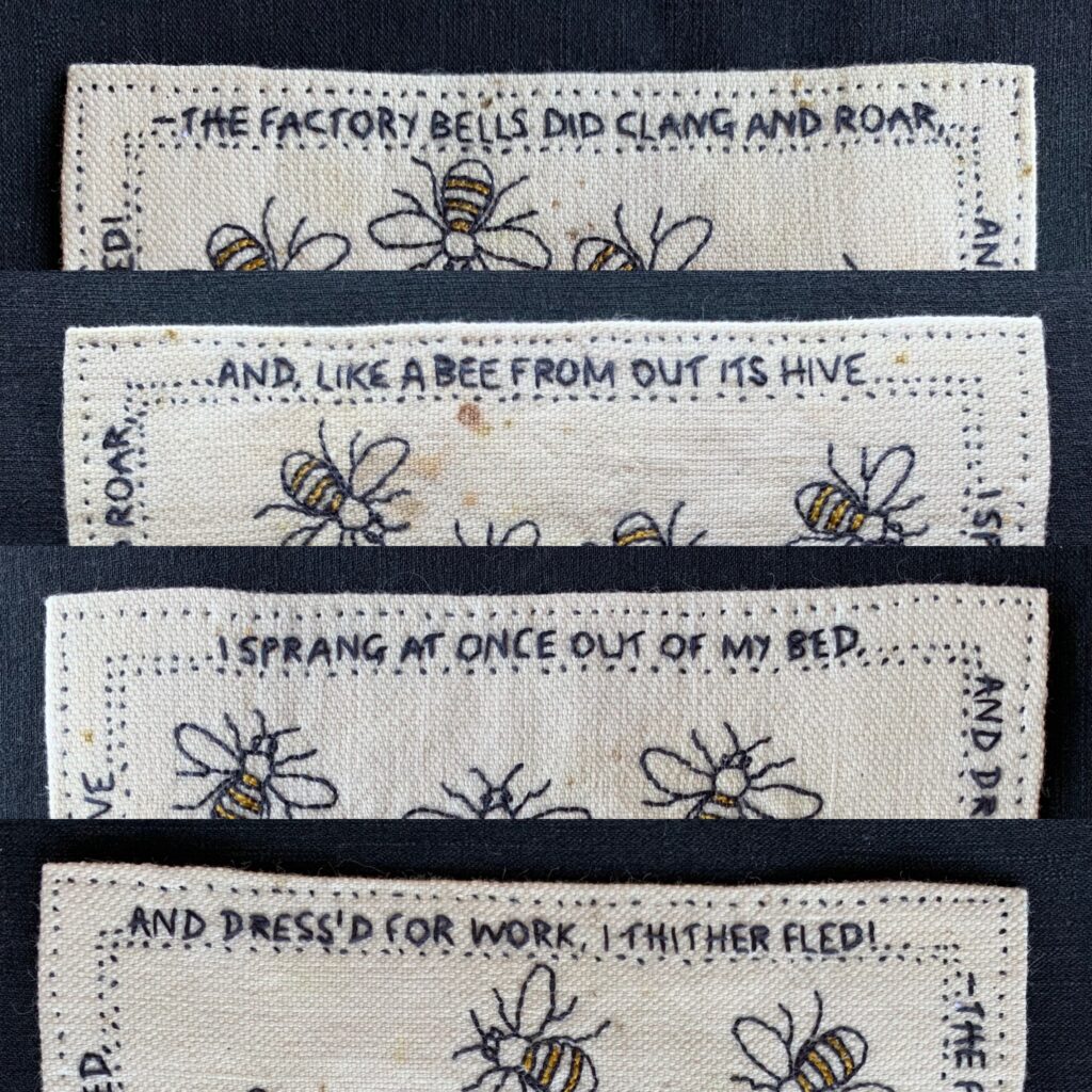 hand embroidered words around the outer border, words in Lancashire dialect from a poem written in 1864