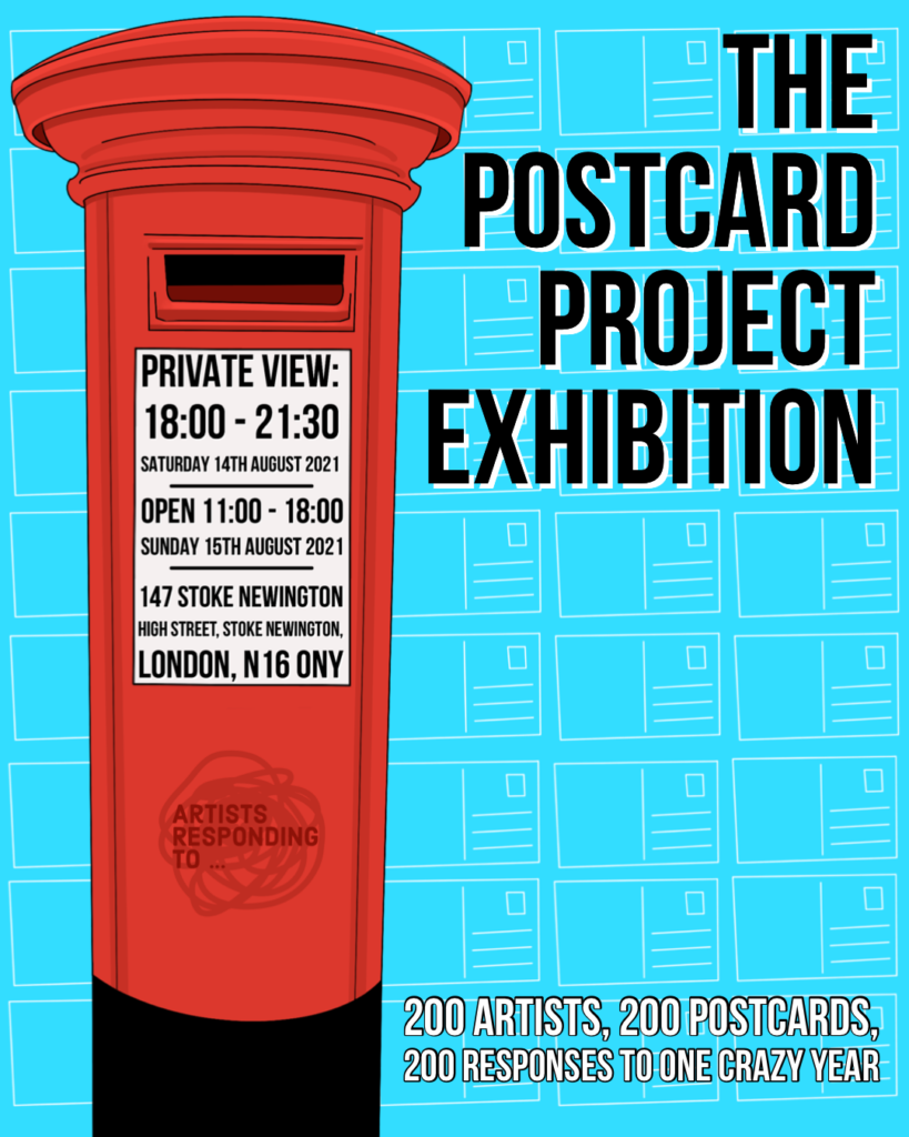 Postcard Project Exhibition Poster showing a blue background with a red post box and details and dates of the exhibition