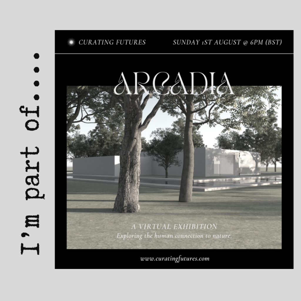 Arcadia Exhibition poster - modern white rectangular building set in a forest