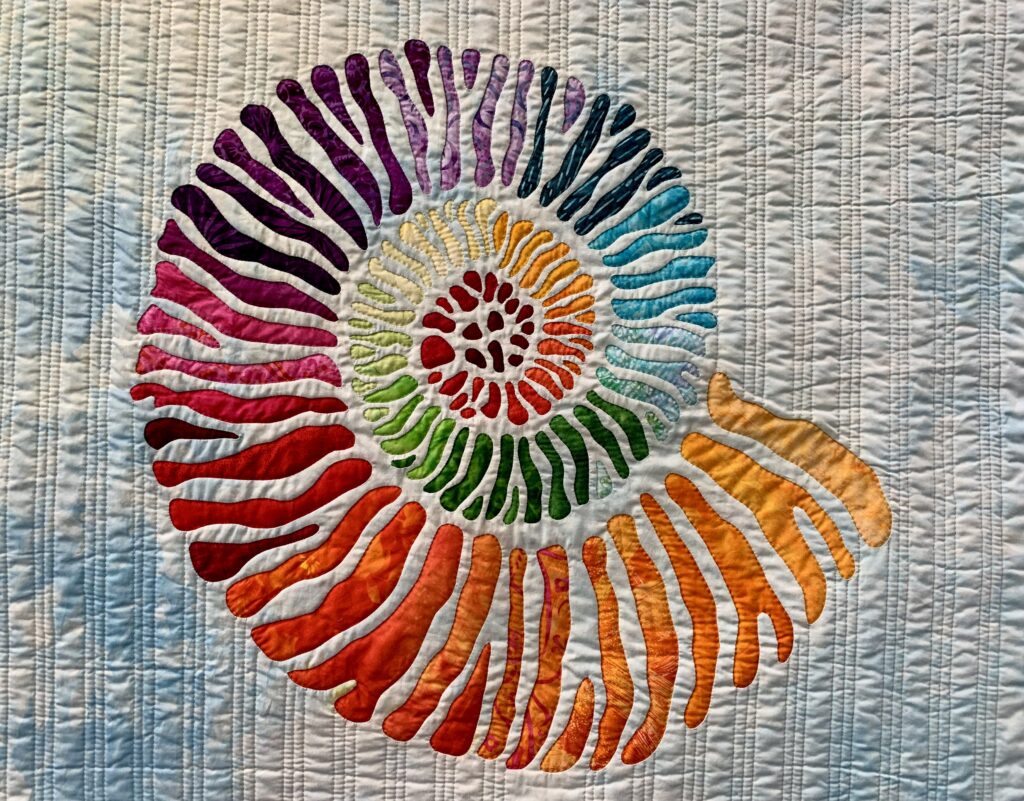reverse applique ammonite shell created in a spiral of rainbow colours