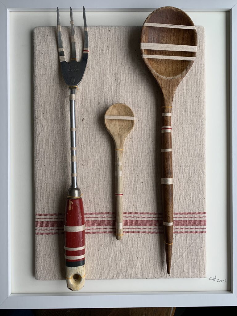 Bound part 1 - vintage kitchen utensils wrapped in vintage cream cloured thread and red sylko thread