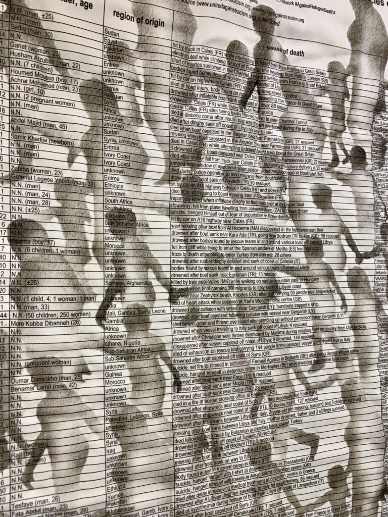 Artwork by Sabi Westoby - Names , numbers of deaths and cause of death - The List - priinted onto cotton cloth and embroidered - overprinted with images of 'reugees' walking in crowds