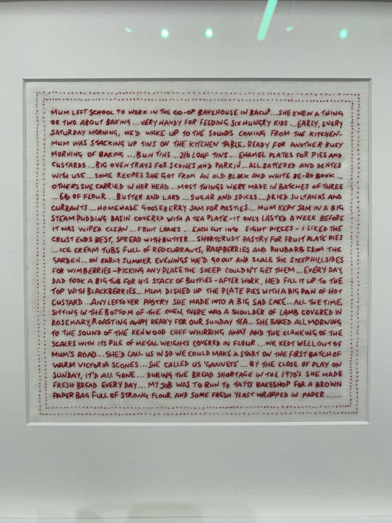 hand embroidered textile art featuring writing about my childhood in the 1970's 