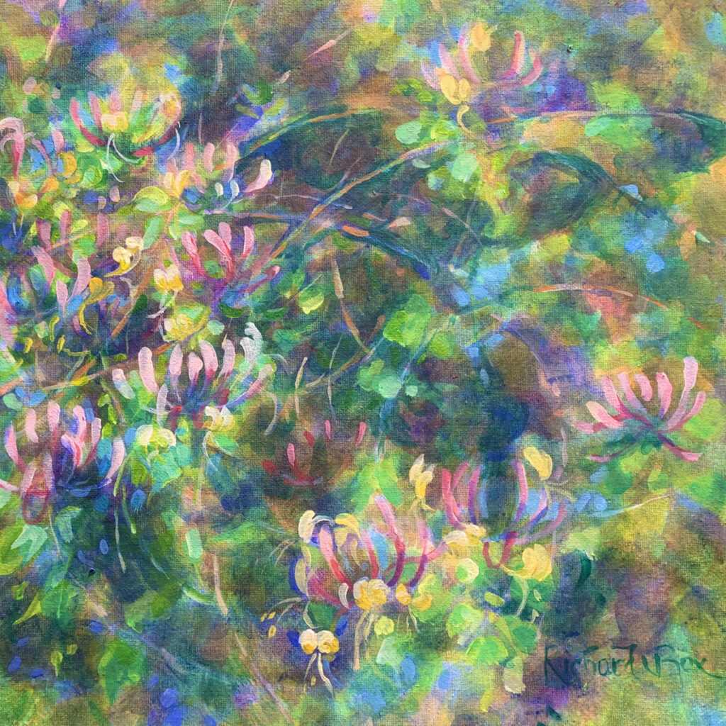 'Honeysuckles' painting by Richard Box - created using Impressionist principles - dabs of coloured paint built up to create the artwork