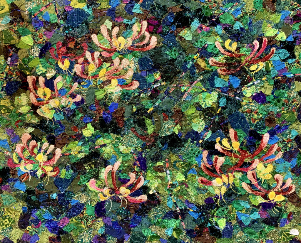 Richard Box - 'Honeysuckles' embroidery - created using Impressionist principles - dabs of coloured cloth built up to create the artwork