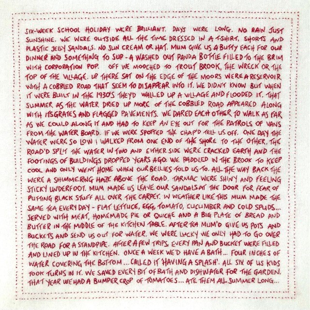 red hand embroidery - words sharing memories of Summer 76