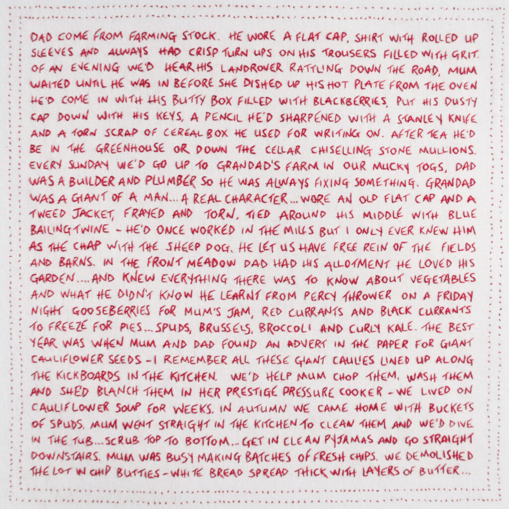 Giant Cauliflower Harvest - embroidered word, red thread about my father and his allotment