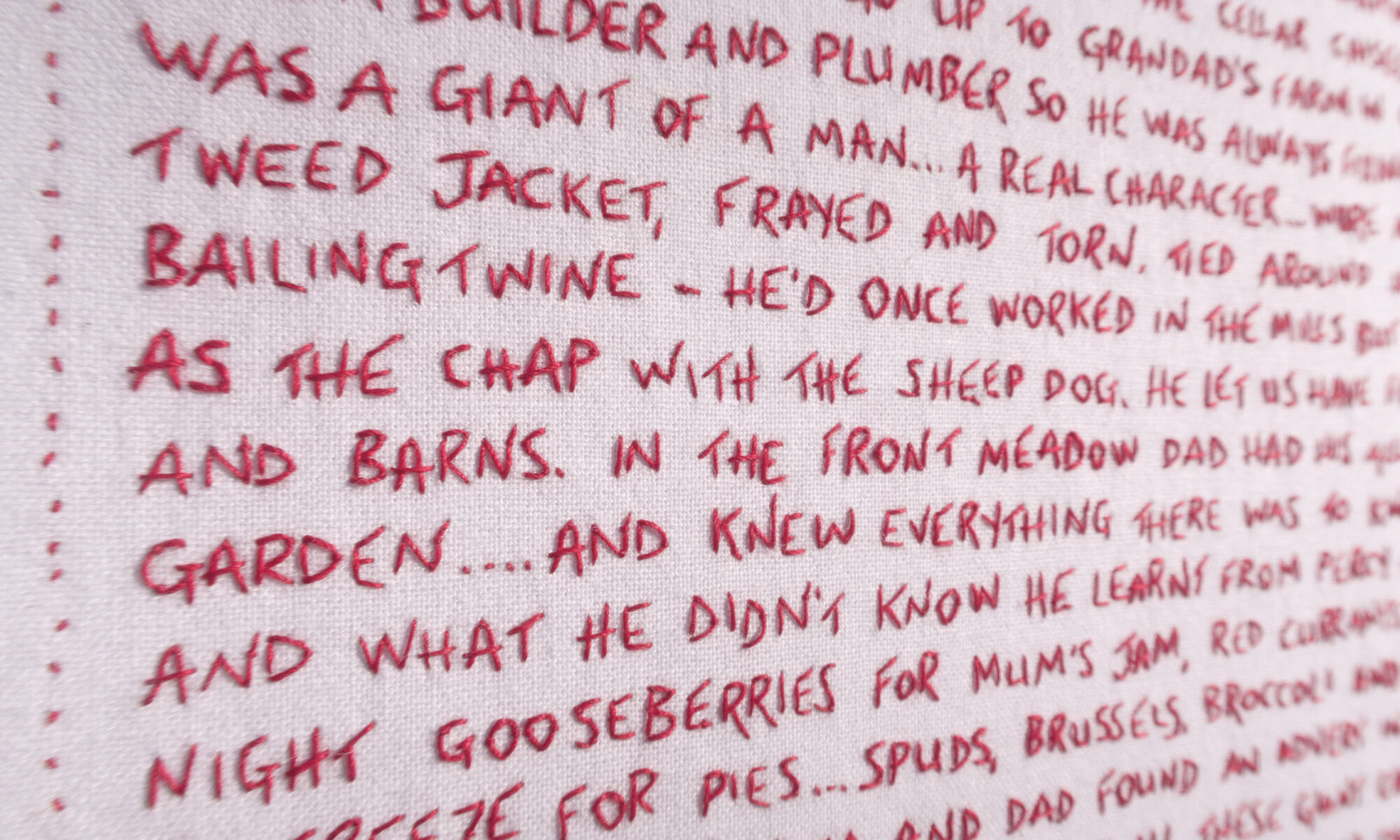 Close up of the stitching - Giant Cauliflower Harvest - embroidered word, red thread about my father and his allotment