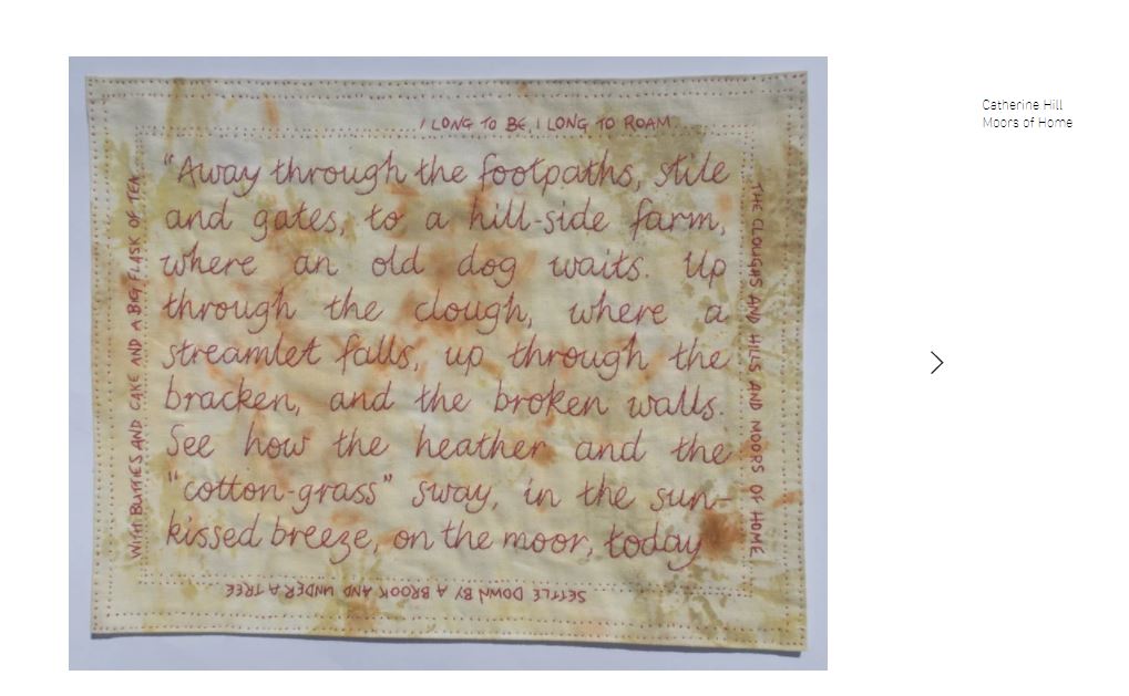 hand embroidered red words on cotton featuring words expressing a happy walk on the English Moors