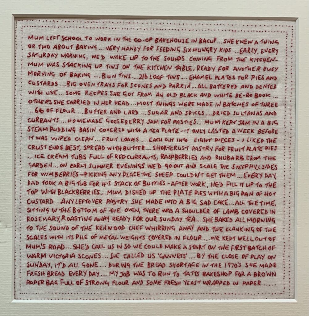red hand embroidered words about my mum's home baking - part of Print It 2022