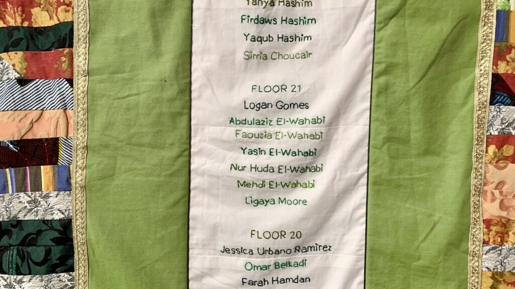72 hand embroidered names of those lost in the Grenfell fire tragedy