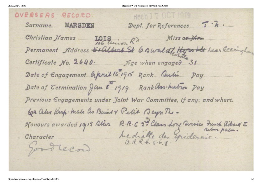 resarch for Blood Sweat and Tears - Lois Marsden from Oswaldtwistle. Image courtesy: Red Cross archives.