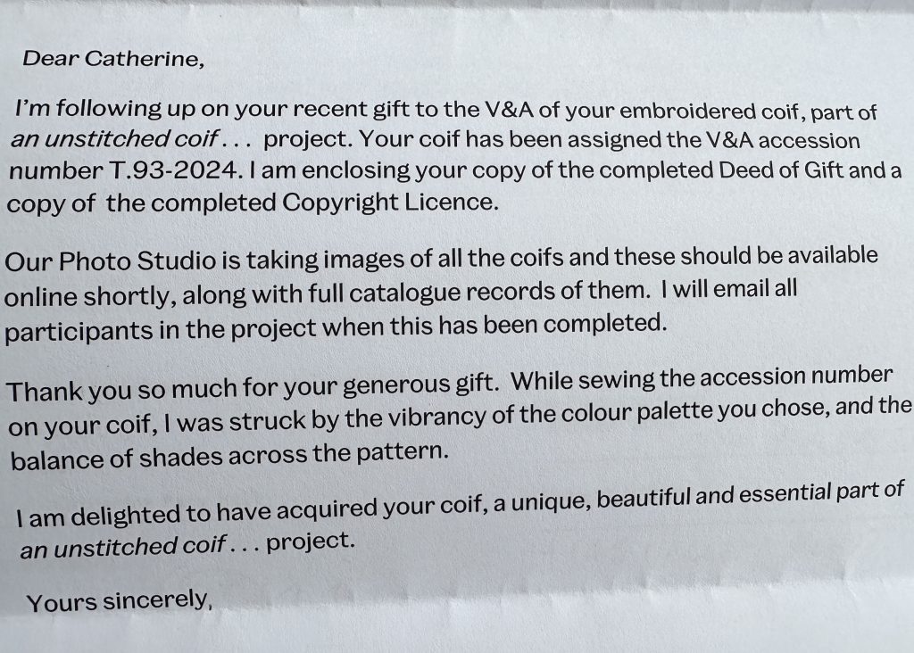 V&A Letter from Susan North, Curator of Fashion before 1800