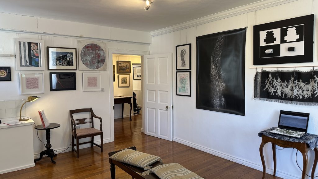 Hand embroidered artworks on display within the venue