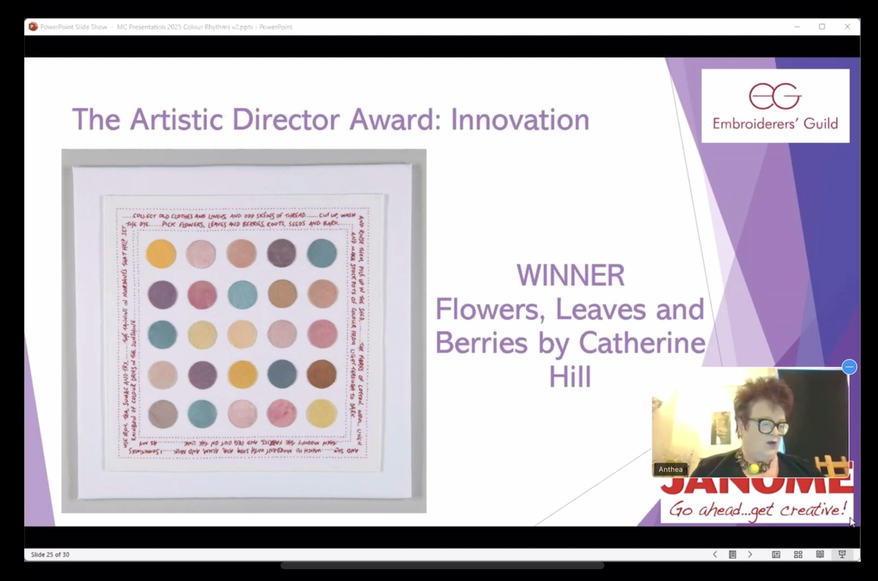 Screenshot from the Embroiderers' Guild winners announcement - Artists Director’s Award for Innovation