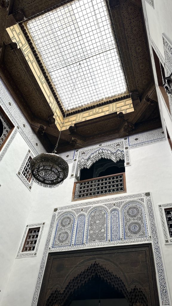 Dar Drouj - The beautifully restored atrium above the central courtyard. Hand carved cedar, mosaics and decorative plaster work.